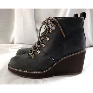 TOMS Women Melrose Black Oiled Nubuck Wedge Lace Up Boots Size 7.5 NWT